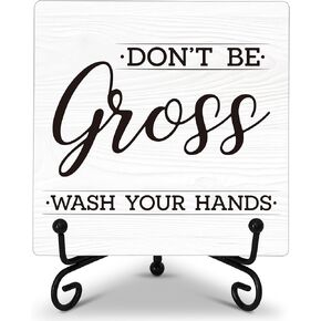Bathroom Desk Decor Sign, Don't Be Gross Wash Your Hands, Rustic Wooden Plaque Sign With Iron Stand, Farmhouse Home Office Restroom Desk Shelf Decorations -14