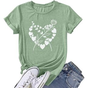 Flower Heart Shirt for Women Boho Floral Wildflowers Graphic Tees Love Heart Print Gardening Casual Short Sleeve Tops