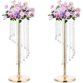 LANLONG 27.6inch Flower Stand for Wedding, 2Pcs Gold Tall Flower Vases Wedding Centerpieces with Sparkling Crystal Beads, Metal Flower Stand for Wedding Reception Party Events Home Decor