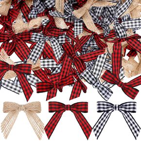 Christmas Mini Burlap Bow Buffalo Plaid Bow for Craft Red and Black Checkered Bows Gingham Ribbon Bows Farmhouse Home Decoration for Christmas Tree DIY Crafts, 3 Colors(60 Pieces)