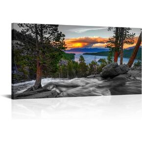 LevvArts California Sunset Picture Wall Art Emerald Bay Lake Tahoe Landscape Canvas Print Paintings USA Nature Scenery Artwork Framed Posters for Office Home Decor Ready to Hang 24"x48"