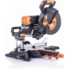 Evolution Power Tools R255SMS-DB+ 10-Inch Dual Bevel Sliding Miter Saw Multi-Material, Multipurpose Cutting Cuts Metal, Plastic, Wood 45˚-45˚ Double Bevel & 50˚-50˚ Miter TCT Blade Included