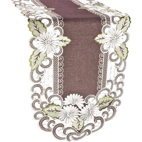 Embroidered Oval Table Runner with Embroidered White Daisy Flowers on Brown, Coffee Table Runner, Dresser Scarf, Doily (14Wx44L)