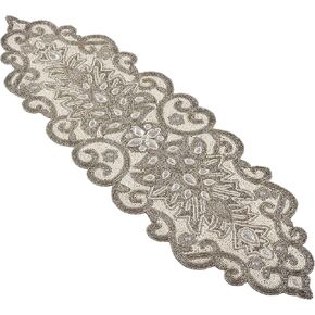 SARO LIFESTYLE Beaded Scroll Motif Design Table Runner, 12" x 38", Silver
