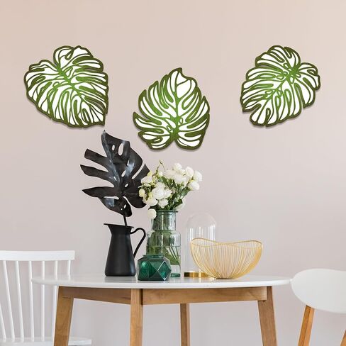 Kercan الاستوائية جدار ديكور 3 قطع Monstera ليف جدار الفن الخشب النباتات الاستوائية جدار ديكور لوحات مناسبة للحمام غرف نوم غرف المعيشة (التدرج الأخضر) in Kuwait