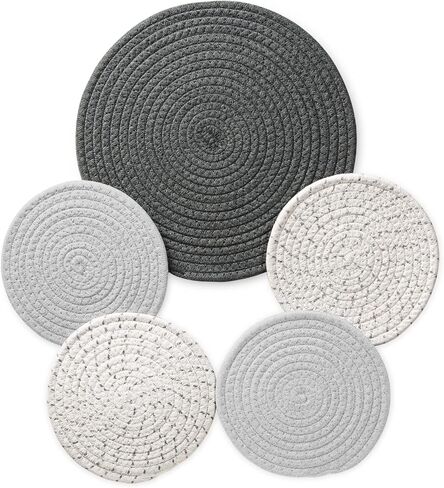 5-Pcs Trivet Pot Holder: Round Woven Potholders Set - 100% Cotton Braided Hot Pads - Coasters - Table Mats for Cooking and Baking One 11.8 Inch and Four 7 Inch in Saudi Arabia