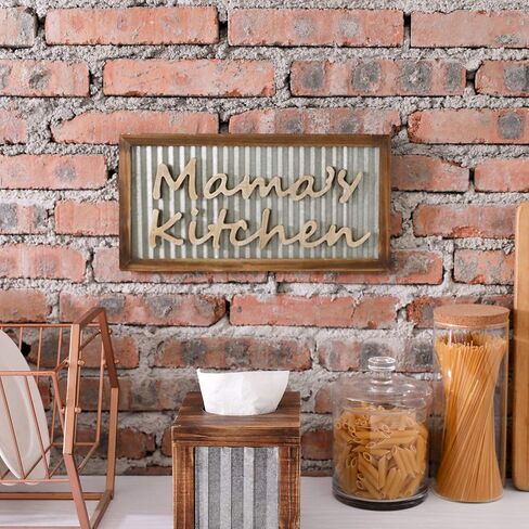 MyGift Burnt Wood Farmhouse Kitchen Wall Decor with Galvanized Corrugated Silver, Mama's Kitchen Hanging Decorative Word Sign in Saudi Arabia