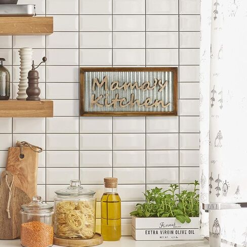 MyGift Burnt Wood Farmhouse Kitchen Wall Decor with Galvanized Corrugated Silver, Mama's Kitchen Hanging Decorative Word Sign in Saudi Arabia