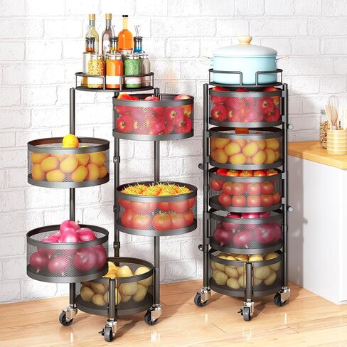 Fruit and Vegetable Basket Bowls for Kitchen with Metal Top Lid, SNTD 5 Tier Rotating Storage Rack Cart for Potato Onion Bread Banana, Wire Basket Organizer on Wheels, Large, Black in Saudi Arabia