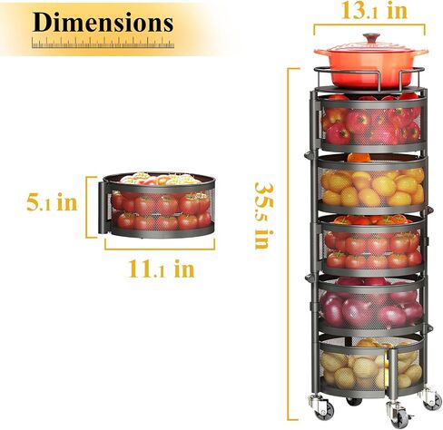 Fruit and Vegetable Basket Bowls for Kitchen with Metal Top Lid, SNTD 5 Tier Rotating Storage Rack Cart for Potato Onion Bread Banana, Wire Basket Organizer on Wheels, Large, Black in Saudi Arabia