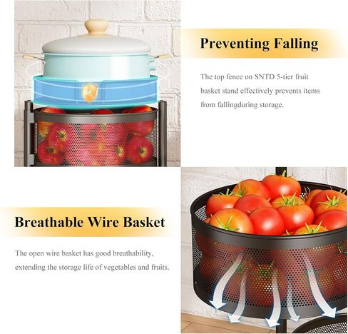 Fruit and Vegetable Basket Bowls for Kitchen with Metal Top Lid, SNTD 5 Tier Rotating Storage Rack Cart for Potato Onion Bread Banana, Wire Basket Organizer on Wheels, Large, Black in Saudi Arabia