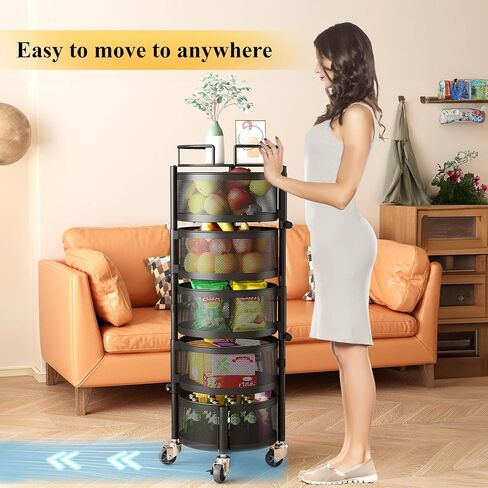 Fruit and Vegetable Basket Bowls for Kitchen with Metal Top Lid, SNTD 5 Tier Rotating Storage Rack Cart for Potato Onion Bread Banana, Wire Basket Organizer on Wheels, Large, Black in Saudi Arabia