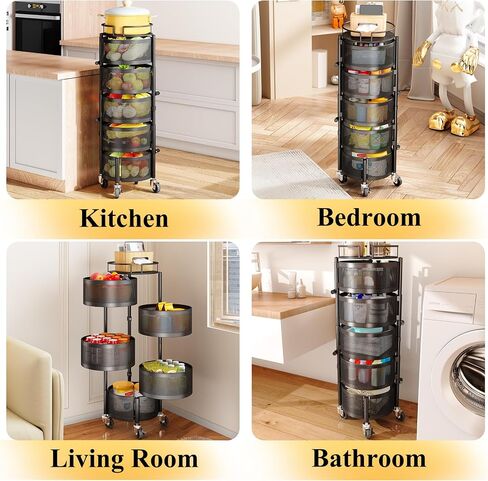 Fruit and Vegetable Basket Bowls for Kitchen with Metal Top Lid, SNTD 5 Tier Rotating Storage Rack Cart for Potato Onion Bread Banana, Wire Basket Organizer on Wheels, Large, Black in Saudi Arabia