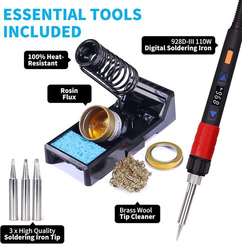 YIHUA 928D-III Soldering Iron,110W High Power, Fully Digital Display °F /°C- Temperature Control Soldering Tool, Accurate 194~896°F, with ON/OFF Switch, Iron Tip, Brass Wool, Automatic Sleep Mode in Saudi Arabia
