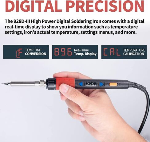 YIHUA 928D-III Soldering Iron,110W High Power, Fully Digital Display °F /°C- Temperature Control Soldering Tool, Accurate 194~896°F, with ON/OFF Switch, Iron Tip, Brass Wool, Automatic Sleep Mode in Saudi Arabia