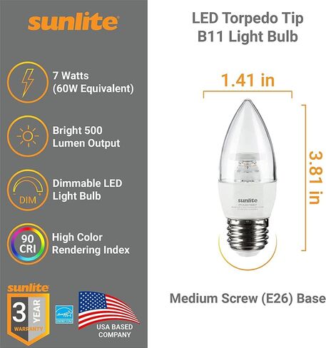 Sunlite 41614 LED Torpedo Tip B10 Clear Chandelier Light Bulb, 7 Watts (60W Equivalent), 500 Lumens, Medium Base (E26), 90 CRI, Dimmable, Energy Star, ETL Listed, 2700K Warm White, 6 Count in Saudi Arabia