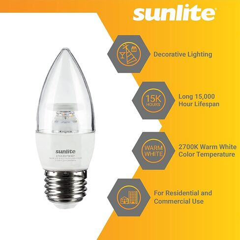 Sunlite 41614 LED Torpedo Tip B10 Clear Chandelier Light Bulb, 7 Watts (60W Equivalent), 500 Lumens, Medium Base (E26), 90 CRI, Dimmable, Energy Star, ETL Listed, 2700K Warm White, 6 Count in Saudi Arabia