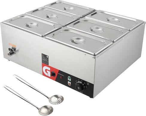 6.3QT, 6-Pan Commercial Food Warmer - 1200W Electric Steam Table, Generous Capacity, Robust Stainless Steel Build, Efficient Heating, 86-185°F Temp Control for Catering and Restaurants in Saudi Arabia