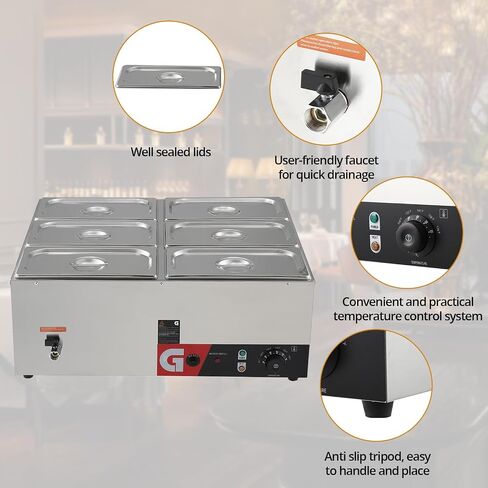 6.3QT, 6-Pan Commercial Food Warmer - 1200W Electric Steam Table, Generous Capacity, Robust Stainless Steel Build, Efficient Heating, 86-185°F Temp Control for Catering and Restaurants in Saudi Arabia