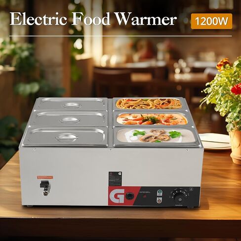 6.3QT, 6-Pan Commercial Food Warmer - 1200W Electric Steam Table, Generous Capacity, Robust Stainless Steel Build, Efficient Heating, 86-185°F Temp Control for Catering and Restaurants in Saudi Arabia