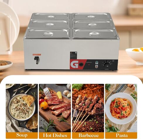 6.3QT, 6-Pan Commercial Food Warmer - 1200W Electric Steam Table, Generous Capacity, Robust Stainless Steel Build, Efficient Heating, 86-185°F Temp Control for Catering and Restaurants in Saudi Arabia