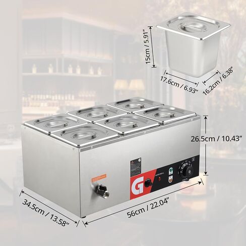 6.3QT، جهاز تسخين الطعام التجاري بـ 6 مقلاة - طاولة بخار كهربائية بقدرة 1200 وات، سعة كبيرة، هيكل قوي من الفولاذ المقاوم للصدأ، تسخين فعال، تحكم في درجة الحرارة من 86 إلى 185 درجة فهرنهايت لتقديم الطعام والمطاعم in Saudi Arabia