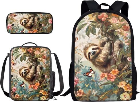 حقيبة ظهر Suobstales Sloth Butterfly Flower Print حقيبة كتب للأطفال مع صندوق غداء مقلمة مجموعة حقيبة ظهر كاجوال حقيبة ظهر حقيبة كمبيوتر محمول 3 في 1 لوازم مدرسية للبنين والبنات in Kuwait