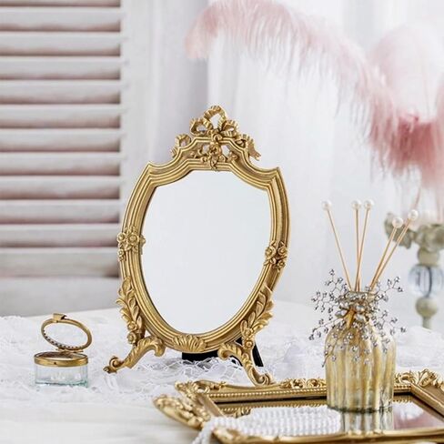 Retro Relief Desk Makeup Mirror Decorative Wall Mirror Tabletop Mirror Antique Gold Mirrors Vintage Carved Mirror for Bedroom Living-Room Dresser Decor in Saudi Arabia