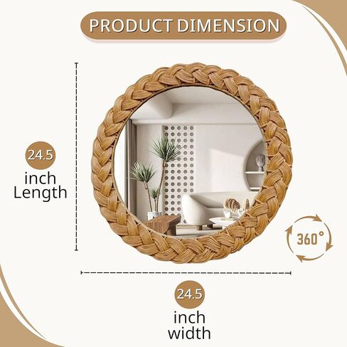 Poly Rattan Braided Wall Mirror - Stylish Round Decorative Frame, Perfect for Living Room, Bedroom, Hallway, Modern Home Décor, Easy Installation, Durable Design, Eco-Friendly Look in Kuwait