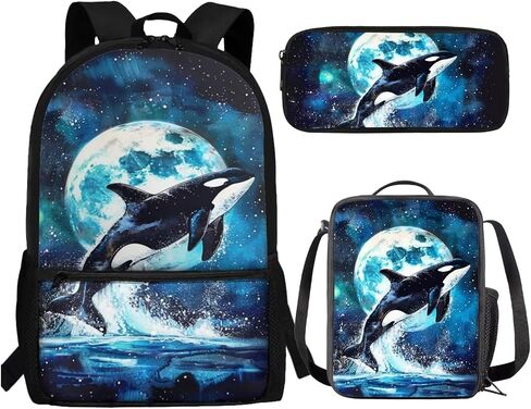 Killer Whale Backpack for School with Lunchbox and Pencil Case Moon Night Kids Bookbag and Lunch Box Set Elementary Schoolbag Lunchbox 3 in 1 Back To School Bag Lunch Bag in Saudi Arabia