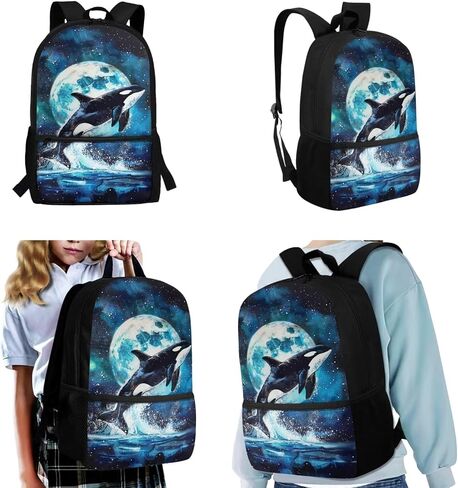 Killer Whale Backpack for School with Lunchbox and Pencil Case Moon Night Kids Bookbag and Lunch Box Set Elementary Schoolbag Lunchbox 3 in 1 Back To School Bag Lunch Bag in Saudi Arabia