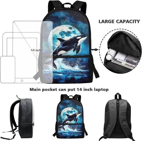Killer Whale Backpack for School with Lunchbox and Pencil Case Moon Night Kids Bookbag and Lunch Box Set Elementary Schoolbag Lunchbox 3 in 1 Back To School Bag Lunch Bag in Saudi Arabia