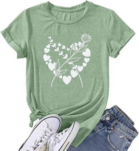 Flower Heart Shirt for Women Boho Floral Wildflowers Graphic Tees Love Heart Print Gardening Casual Short Sleeve Tops in Saudi Arabia