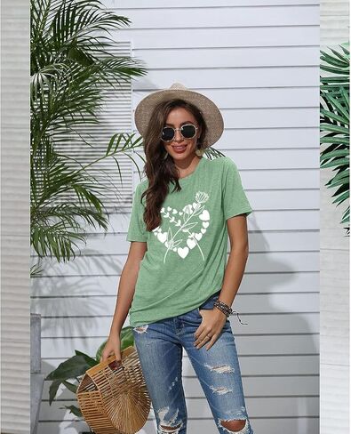 Flower Heart Shirt for Women Boho Floral Wildflowers Graphic Tees Love Heart Print Gardening Casual Short Sleeve Tops in Saudi Arabia