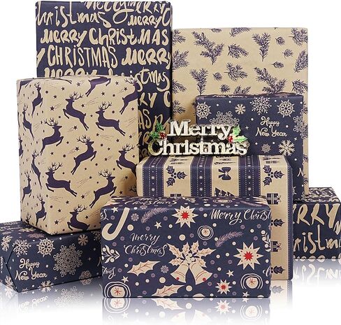 KESTAR Christmas Wrapping Paper, Flat 8 Sheets Christmas Wrapping Paper Set for Kids Women Men, Recycled Gift Wrapping Paper Sheets for Xmas New Year Holiday Party, 20×28inch Each in Kuwait