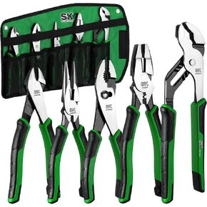SK 5-Piece Pliers Set, 8" Needle Nose Pliers, 9.5" Linesman Pliers, 8" Slip Joint Pliers, 8" Diagonal Pliers, and 10" Groove Joint Pliers, CR-V Construction, Anti-slip Handle, with Rolling Pouch