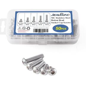 M5 x 8mm 12mm 16mm 20mm 25mm Metric Button Head Socket Cap Bolts Screws，304 Stainless Steel，Fully Threaded，Bright Finish，Replacement Fastener Screws，Allen Hex Drive，Assortment Kit 50PCS
