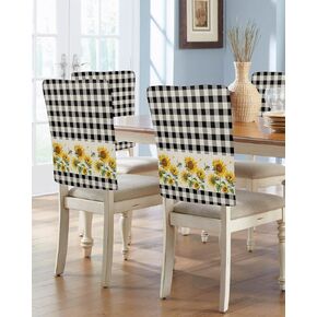 Sunflower Plaid Chair Back Covers for Dining Chairs 4 Pack, Rustic Black White Buffalo Check Bee Washable Stretchable Chair Slipcover Back Chair Protector for Wedding Party