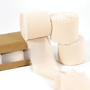 Coowayze Beige Fringe Chiffon Ribbon for Gift Wrapping, 3 Rolls 1.5" x 7Yd Handmade Frayed Edge Chiffon Silk Ribbon for Wedding Invitations, Bridal Bouquets, Crafts, Flower Arrangement Decors