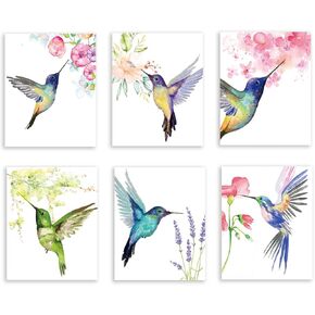 YIMEHDAN Watercolor Hummingbirds Wall Art Print - Vintage Birds with Flower Canvas Print - Nature Animals Artwork for Bedroom Farmhouse Office Decor (Set of 6) - Unframed - 8X10 inch