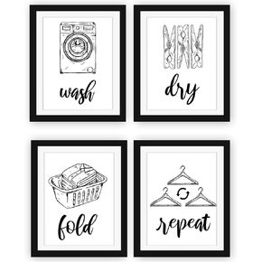 Modern 5th Laundry Room Signs (Set of 4 Unframed - 8 x 10 Inches), Wash Dry Fold Repeat, Typography Wall Art Decor Prints, Black and White Print Unframed
