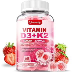 Vitamin D3 K2 Supplement for Adults - Vitamin D3 5000 IU + K2 200 mcg - VIT D3 K2 Gummies with Calcium 600mg Magnesium Zinc & Vitamin C for Women Men - Supports B0ne, Muscle Immune