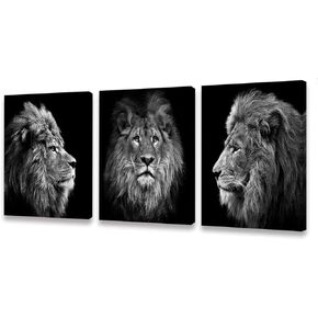 Muolunna Wall Art Black and White Lion Head Portrait Wall Art Painting Pictures Print 3 Pieces Canvas Animal for Bedroom Living Room Office Wall Decor Home Decoration Framed Ready to Hang