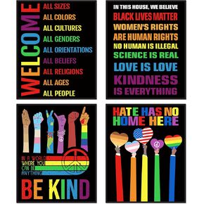 Whaline Set of 4 Pride Wall Art Prints Rainbow Welcome Wall Art Room Decor Love is Love Be Kind Hate Has No Home Here Wall Poster for Home Living Room Bedroom Wall Decor (UNFRAMED 8x10 Inch)