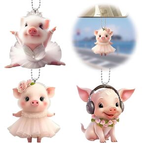 Swing Pig Car Hanging Ornament - 3Pcs Cute Dancing Listening Piggy Rearview Mirror Pendant Decoration, Acrylic Funny Pig with Lanyard Car Interior Charms Accessories Gift for Men Women