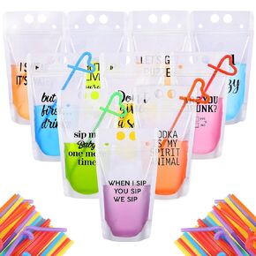 Honeydak 30 Sets Drink Pouches with Straws Colorful Adult Drink Bags Zipper Party Beverage Pouches Funny Drink Pouches Novelty Juice Party Pouches Translucent Stand-up Plastic Bags for Adults