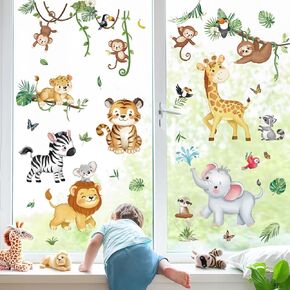 decalmile Summer Safari Jungle Animals Double Sided Window Clings Elephant Monkey Lion Giraffe Window Decals Anti-Collision Glass Window Doors Window Stickers