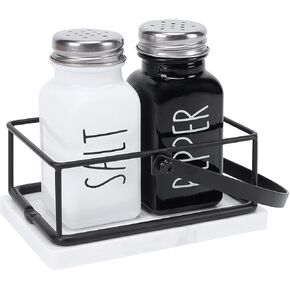 Livabber 2 Salt and Pepper Shakers with Marble Holder, Black and White Glass Refillable Condiment Dispenser Set Modern Salt and Pepper Shakers with Marble Caddy for Table Kitchen Decor