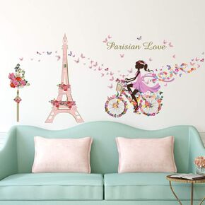 Wall Stickers Girl Bicycle Eiffel Tower Flowers for Children's Bedroom Living Room Wall Decoration