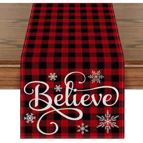 Artoid Mode Red and Black Buffalo Plaid Believe Table Runner, Seasonal Winter Christmas Holiday Kitchen Dining Table Decoration for Indoor Outdoor Home Party Decor 13 x 72 Inch